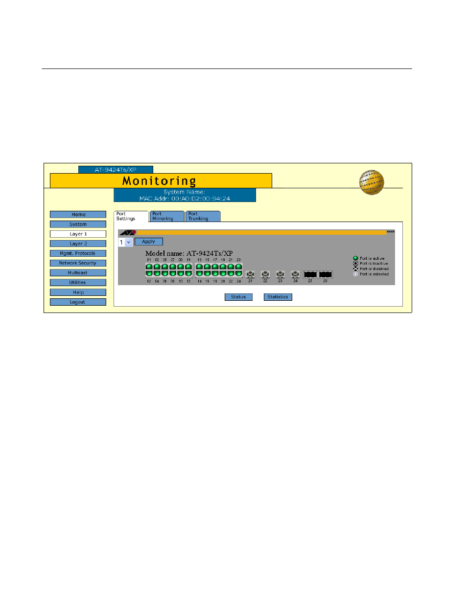 Displaying the port parameters and statistics, Figure 8: port settings tab (monitoring) | Allied Telesis AT-S63 User Manual | Page 44 / 244