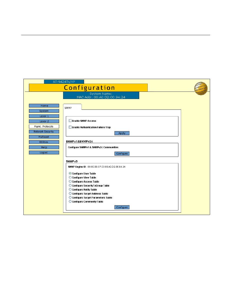 Enabling or disabling snmp management, Figure 11: snmp tab | Allied Telesis AT-S63 User Manual | Page 50 / 244