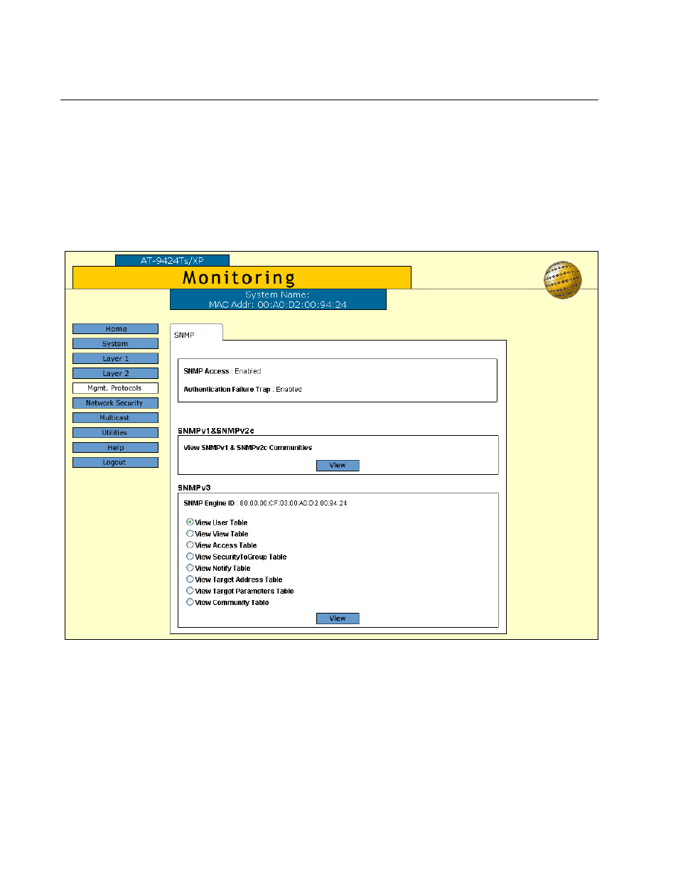 Figure 14: snmp tab (monitoring) | Allied Telesis AT-S63 User Manual | Page 58 / 244