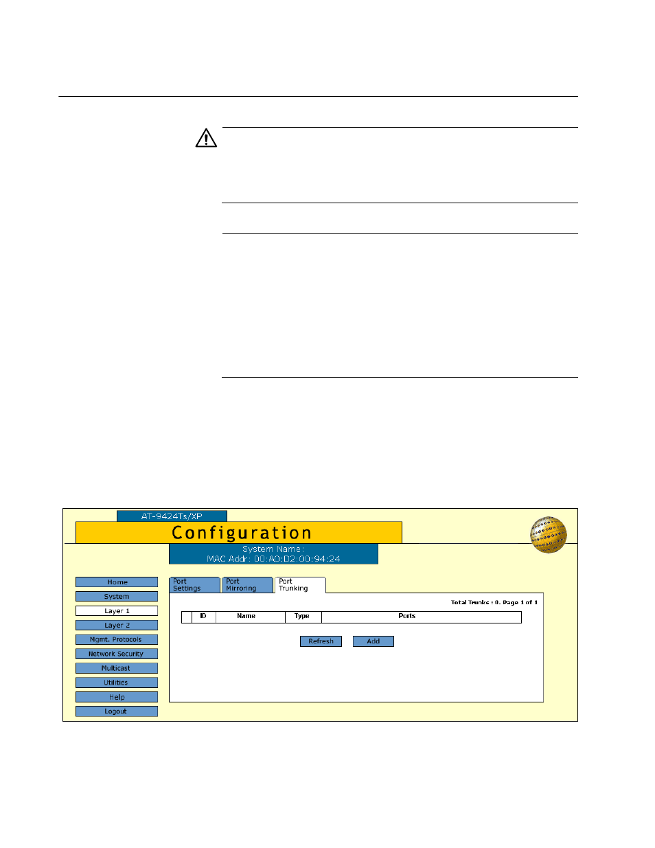 Creating static port trunks, Figure 19: port trunking tab | Allied Telesis AT-S63 User Manual | Page 72 / 244