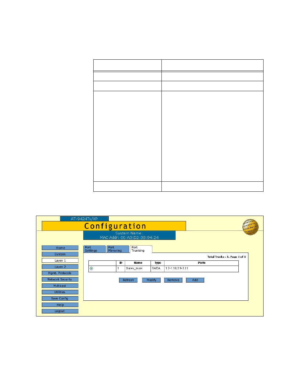 Figure 20: add new trunk window, Table 11: port trunking tab | Allied Telesis AT-S63 User Manual | Page 73 / 244