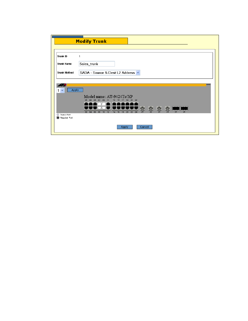 Figure 21: modify trunk window | Allied Telesis AT-S63 User Manual | Page 76 / 244