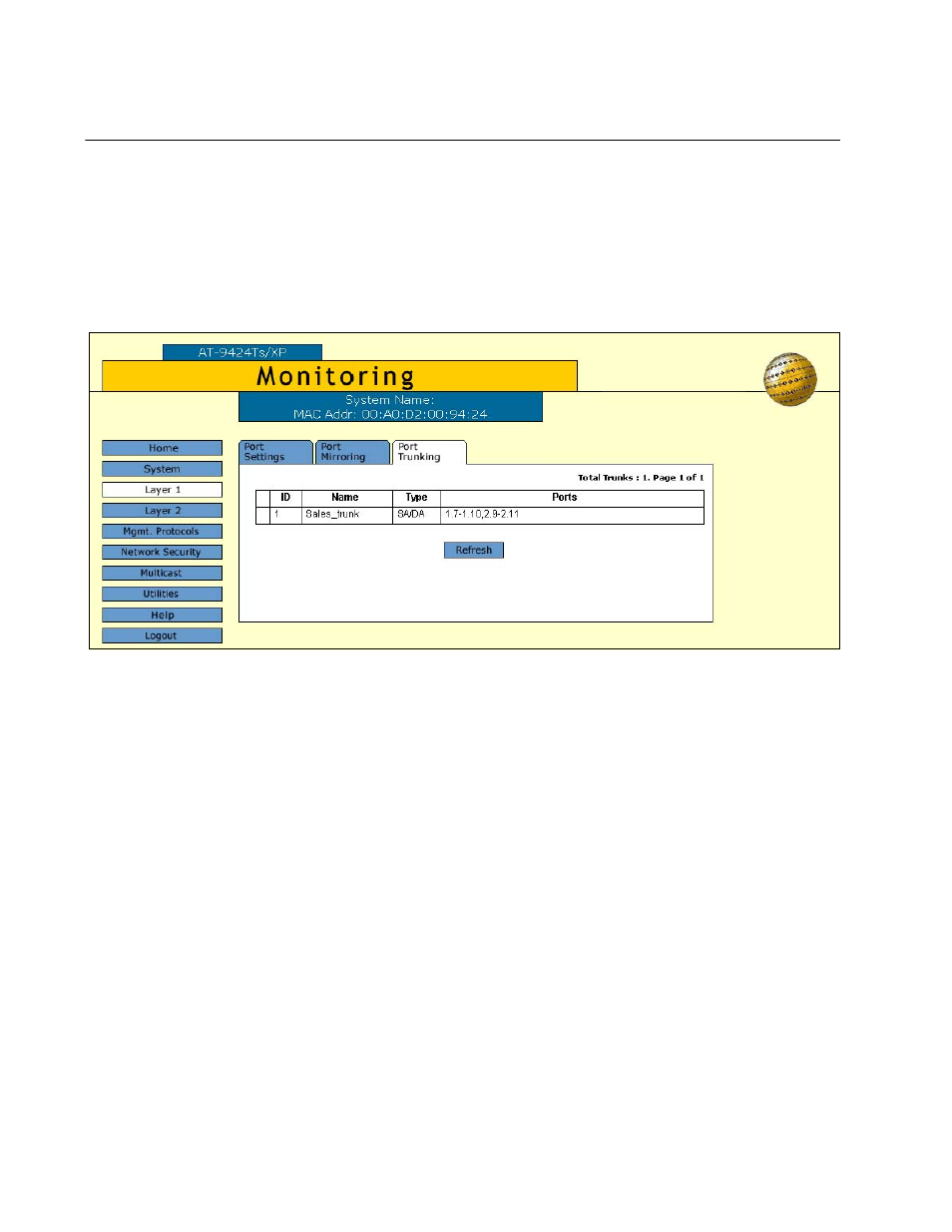 Displaying static port trunks, Figure 22: port trunking tab (monitoring) | Allied Telesis AT-S63 User Manual | Page 78 / 244