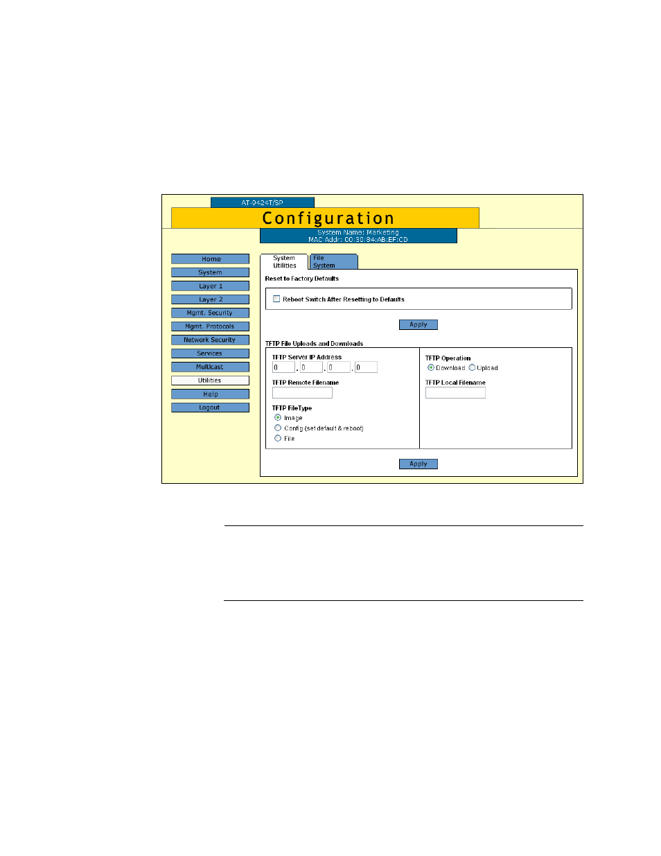 Figure 32: system utilities tab (configuration) | Allied Telesis AT-S63 User Manual | Page 112 / 412