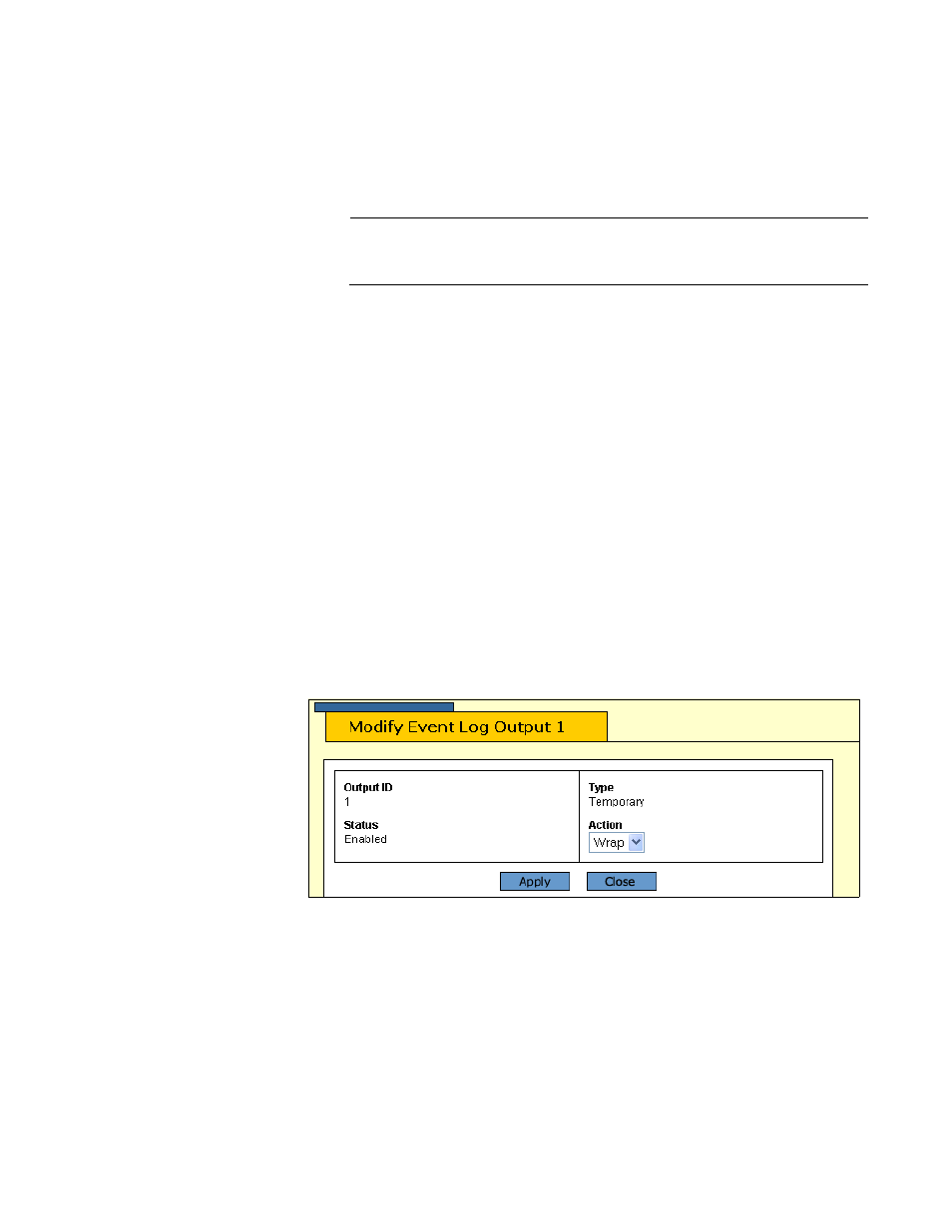 Modifying the event log full action, Figure 36: modifying event log output 1 window | Allied Telesis AT-S63 User Manual | Page 125 / 412