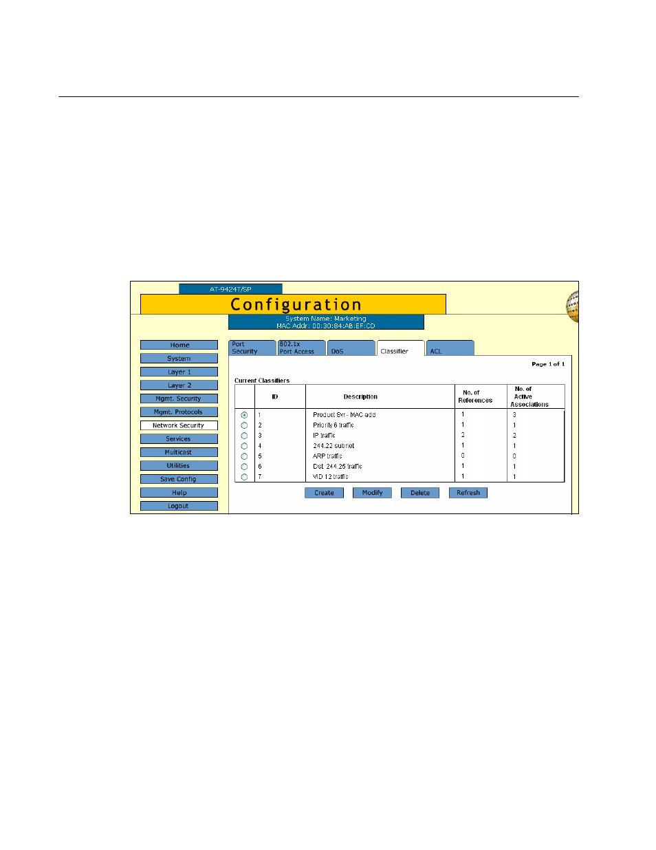 Configuring a classifier, Figure 40: classifier tab (configuration) | Allied Telesis AT-S63 User Manual | Page 134 / 412