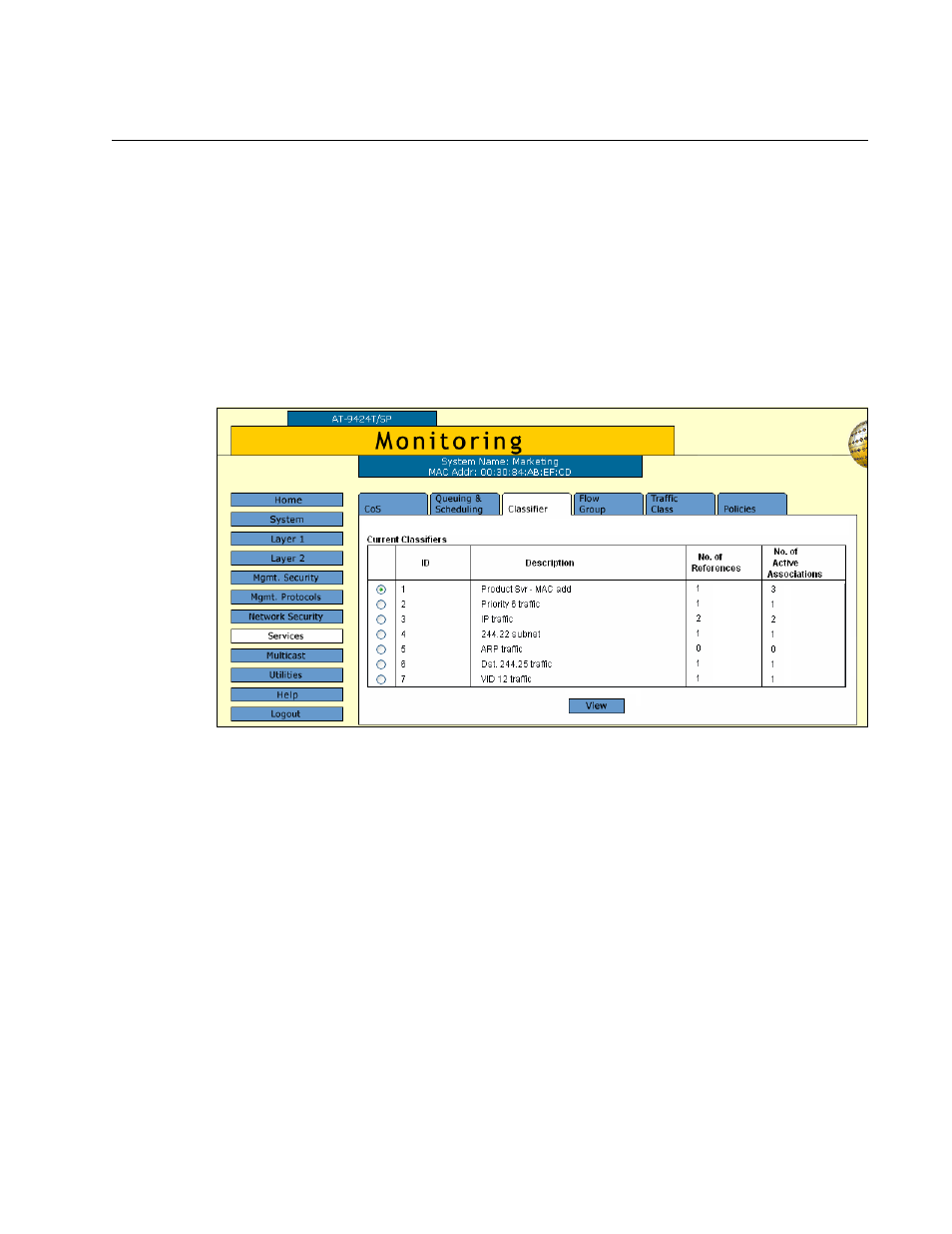 Displaying the classifiers, Figure 44: classifier tab (monitoring) | Allied Telesis AT-S63 User Manual | Page 143 / 412