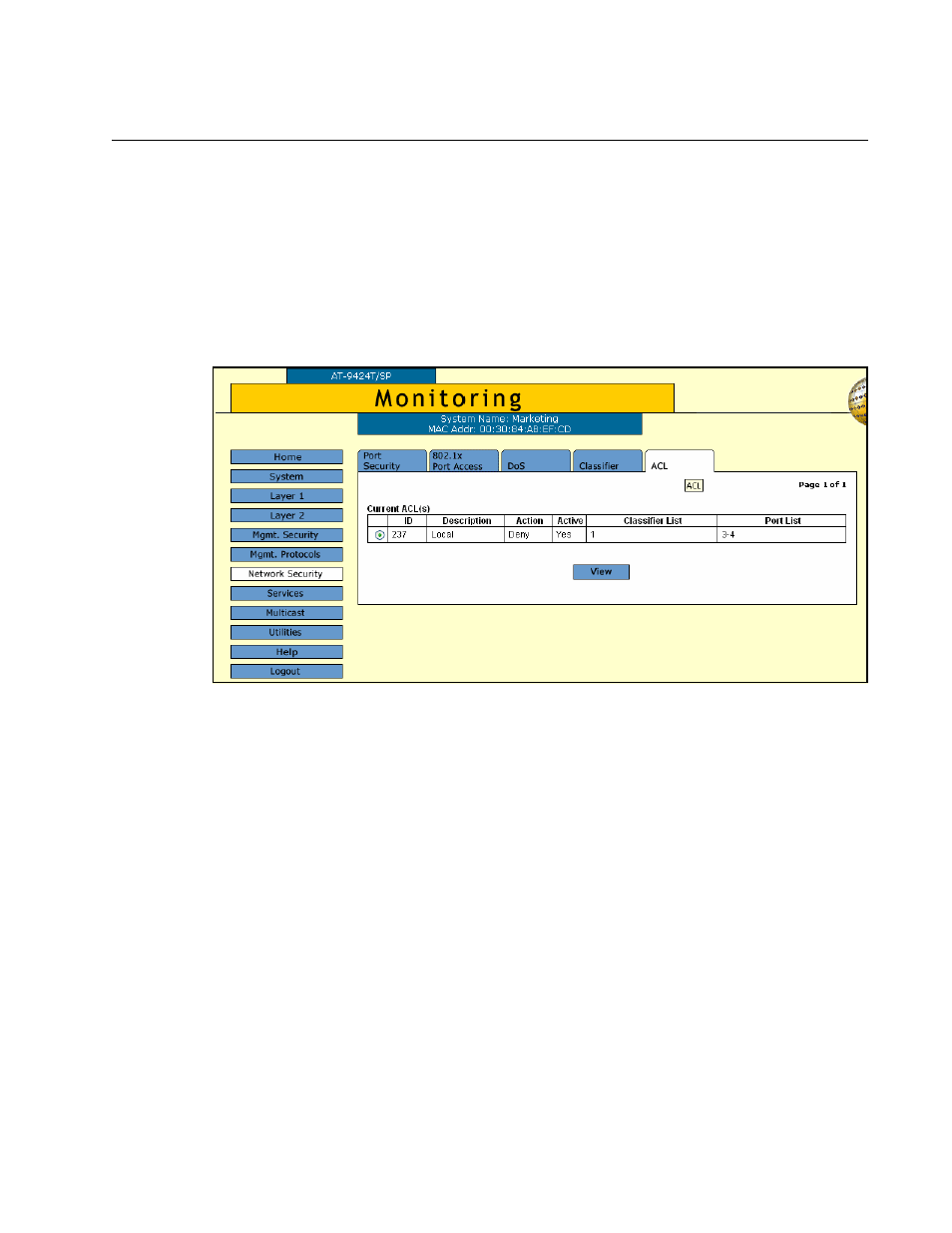 Displaying the access control lists, Figure 48: acl tab (monitoring) | Allied Telesis AT-S63 User Manual | Page 151 / 412