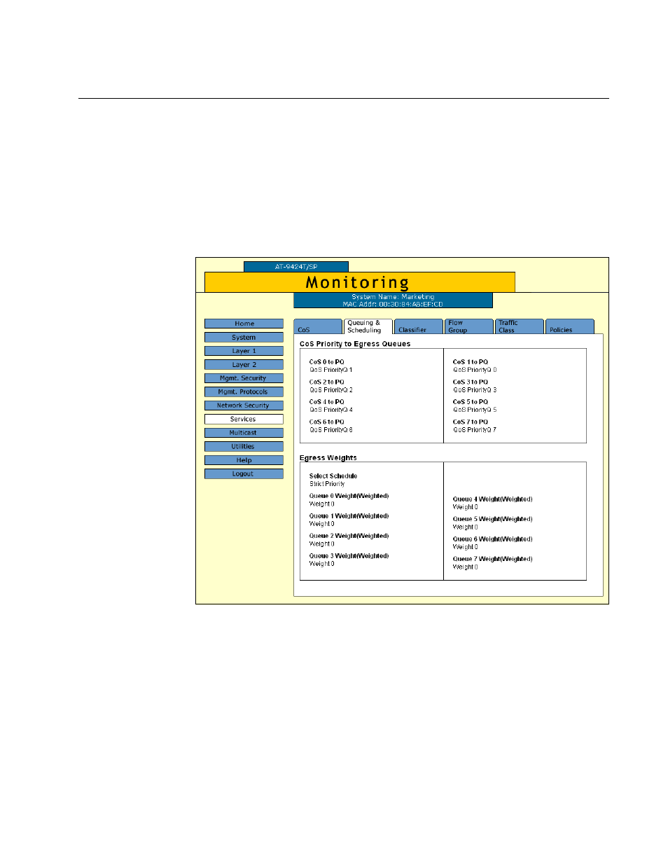 Displaying the qos schedule, Figure 55: qos scheduling tab (monitoring) | Allied Telesis AT-S63 User Manual | Page 161 / 412