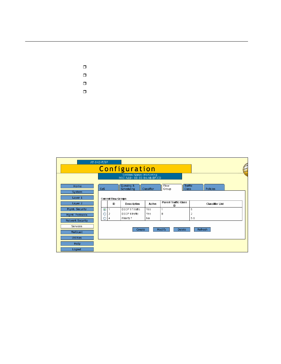 Managing flow groups, Configuring a flow group, Figure 56: flow group tab (configuration) | Allied Telesis AT-S63 User Manual | Page 164 / 412