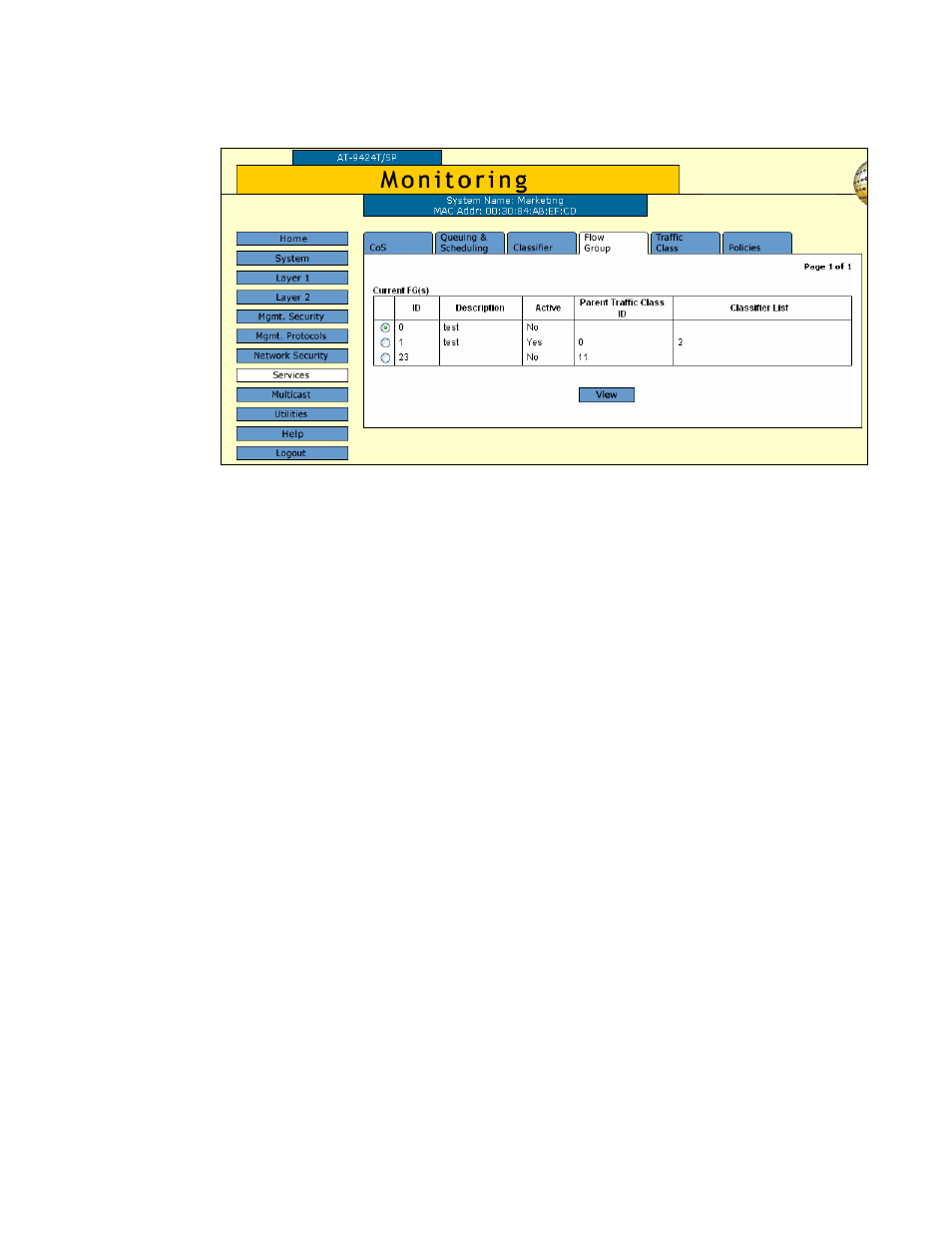 Figure 59: flow group tab (monitoring) | Allied Telesis AT-S63 User Manual | Page 169 / 412