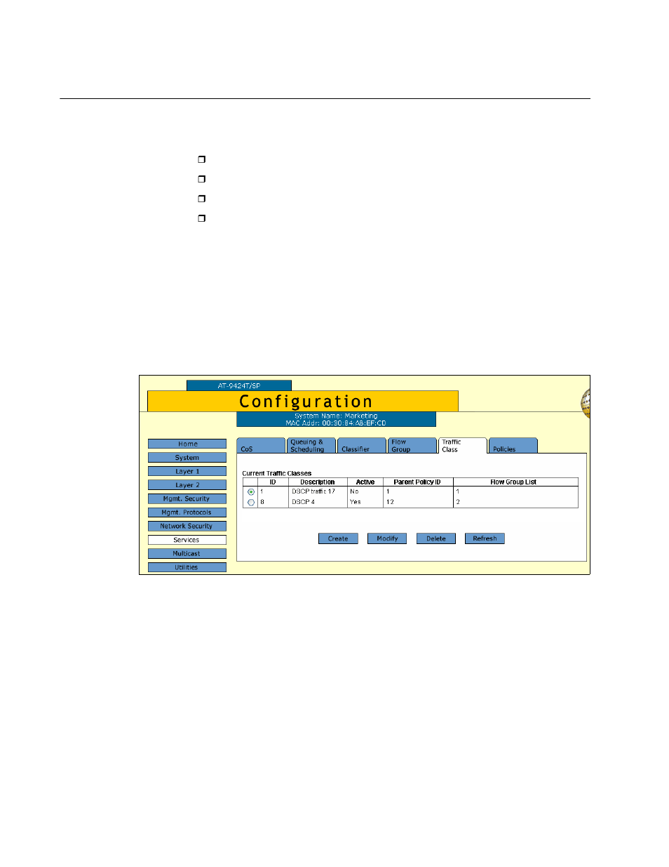 Managing traffic classes, Configuring a traffic class, Figure 60: traffic class tab | Allied Telesis AT-S63 User Manual | Page 170 / 412