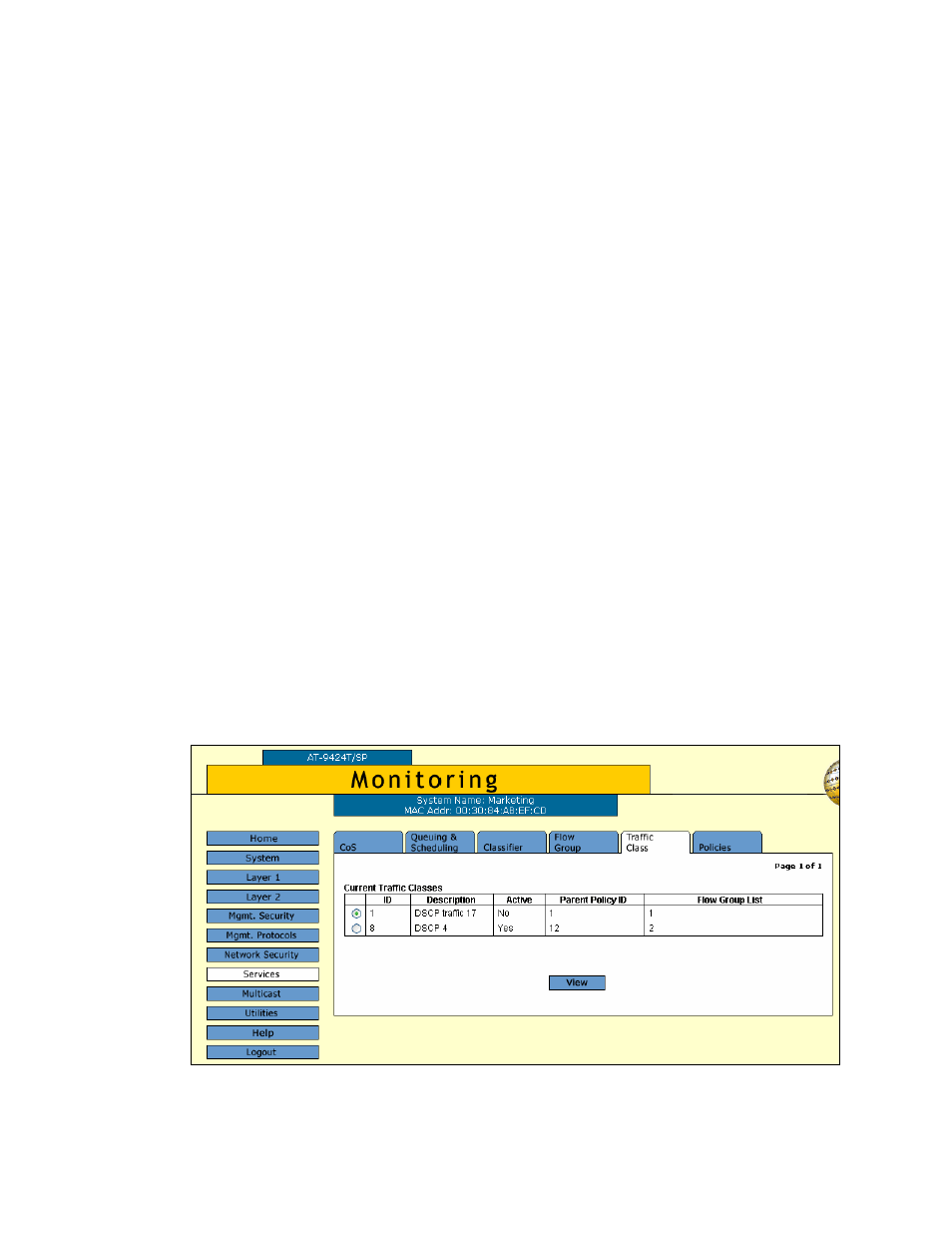 Deleting a traffic class, Displaying the traffic classes, Figure 63: traffic class tab (monitoring) | Allied Telesis AT-S63 User Manual | Page 176 / 412