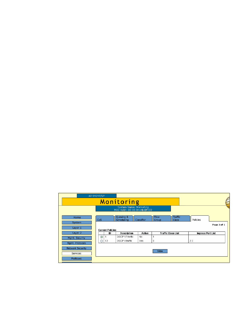 Displaying policies, Figure 67: policies tab (monitoring) | Allied Telesis AT-S63 User Manual | Page 183 / 412