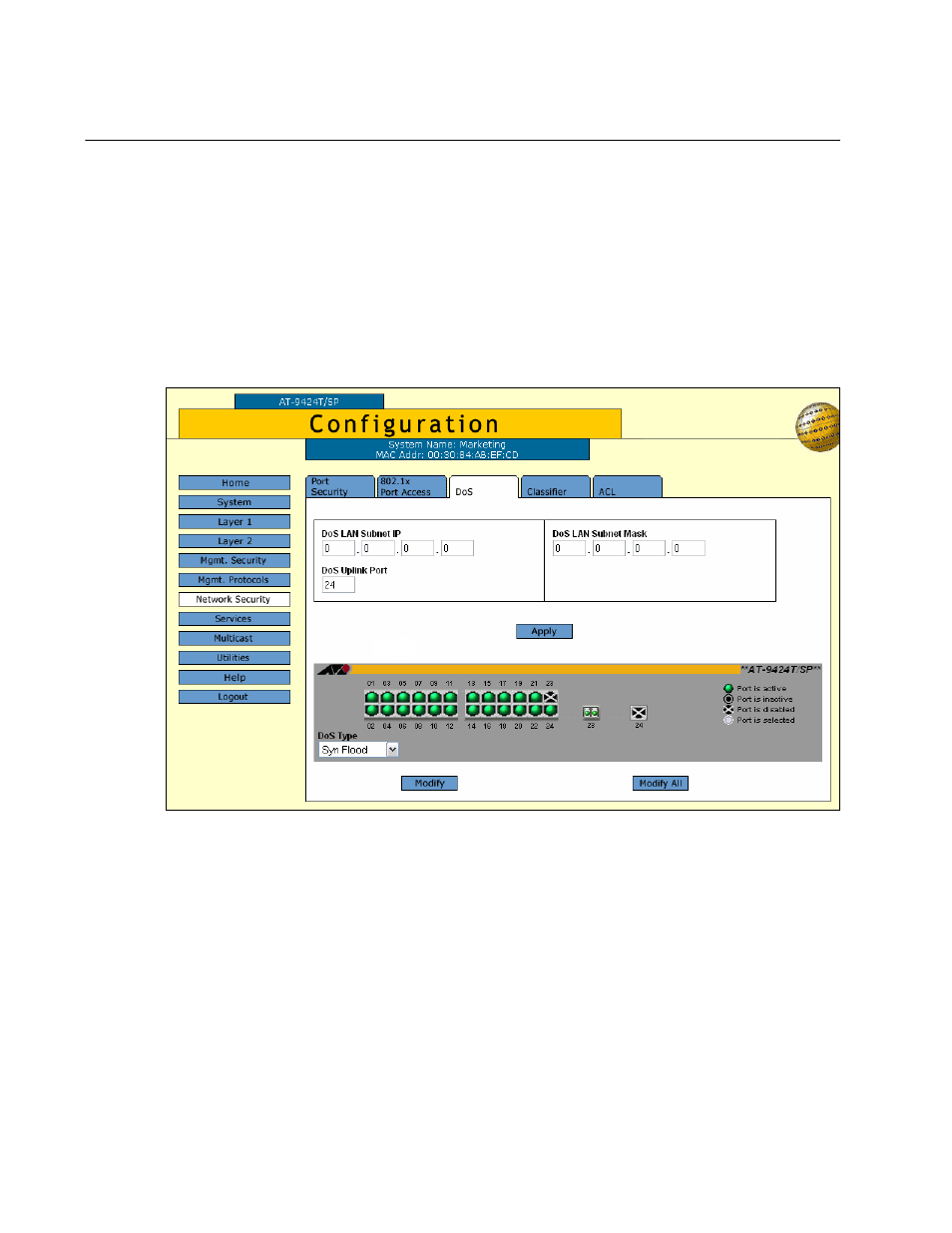 Configuring denial of service defense, Figure 68: dos tab (configuration) | Allied Telesis AT-S63 User Manual | Page 186 / 412