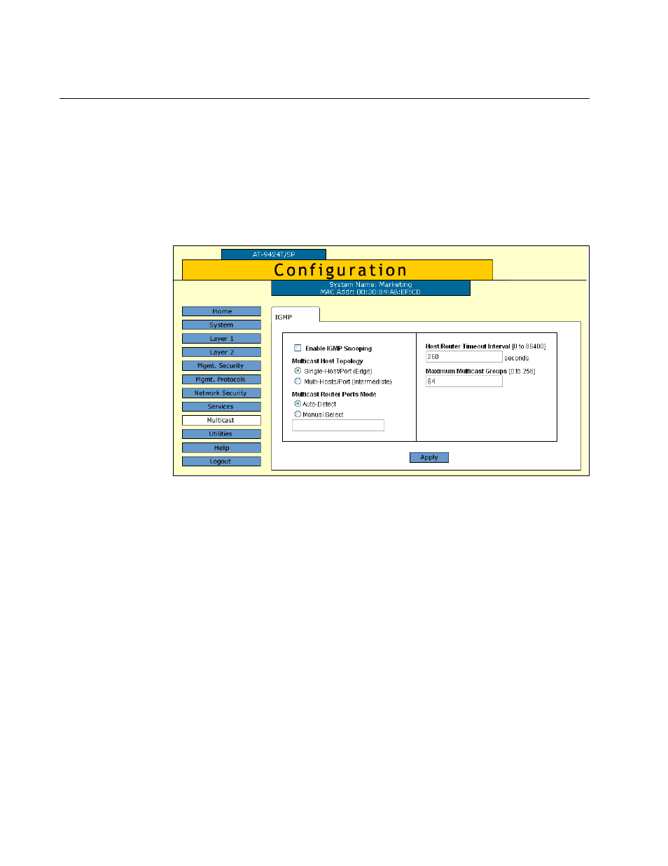 Configuring igmp snooping, Figure 72: igmp tab (configuration) | Allied Telesis AT-S63 User Manual | Page 192 / 412