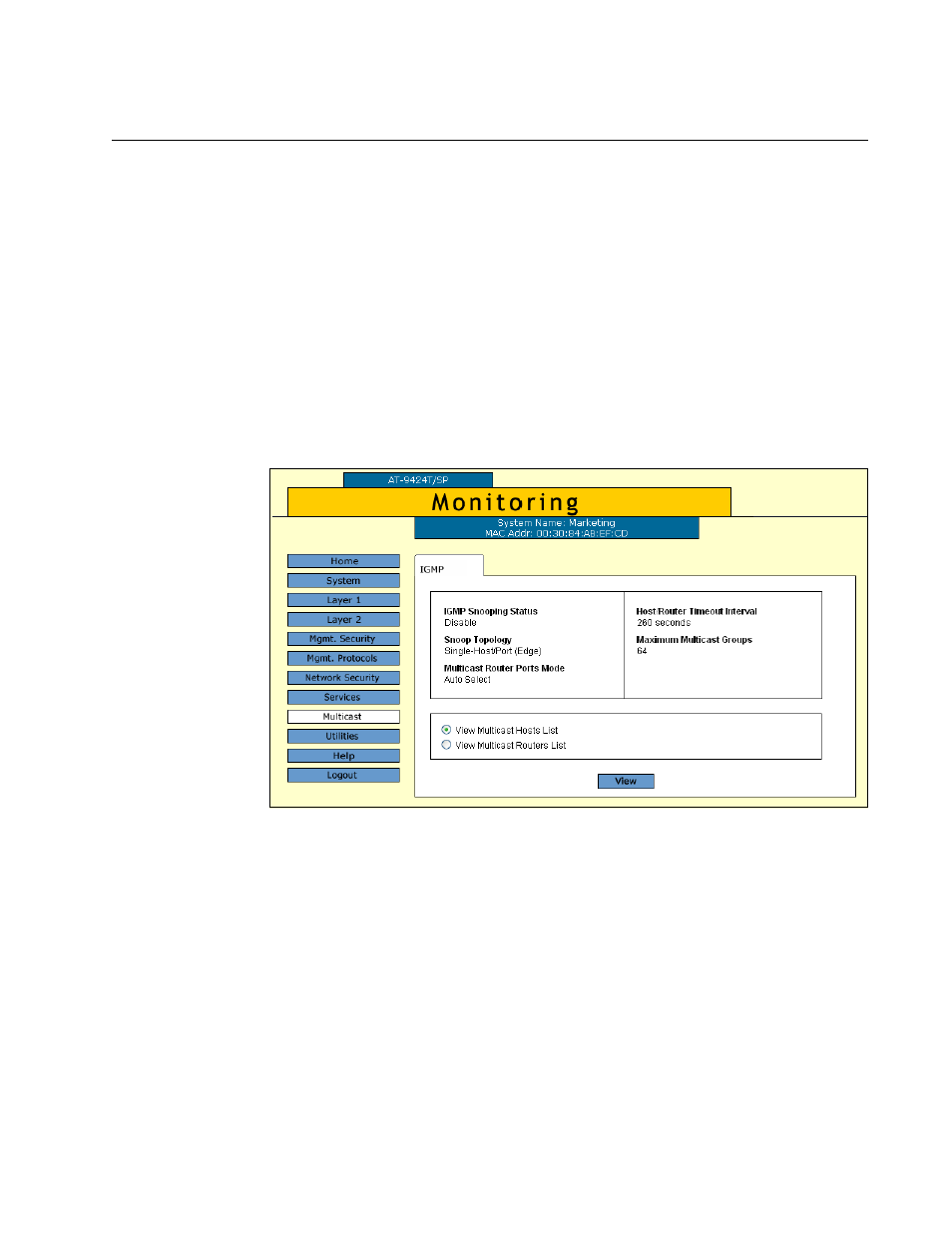 Displaying a list of host nodes, Figure 73: igmp tab (monitoring) | Allied Telesis AT-S63 User Manual | Page 195 / 412