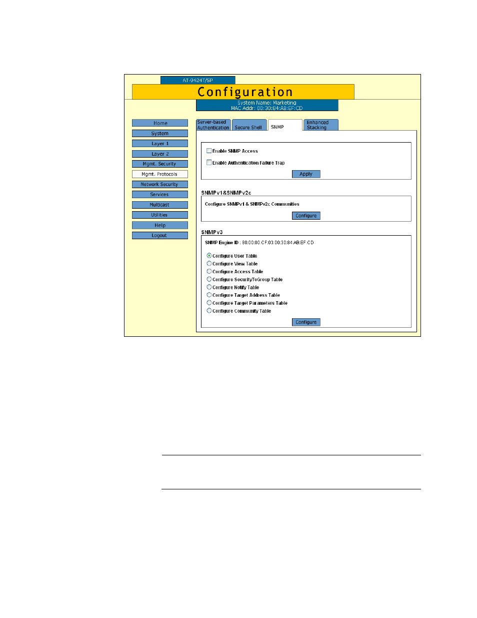 Figure 75: snmp tab (configuration) | Allied Telesis AT-S63 User Manual | Page 204 / 412