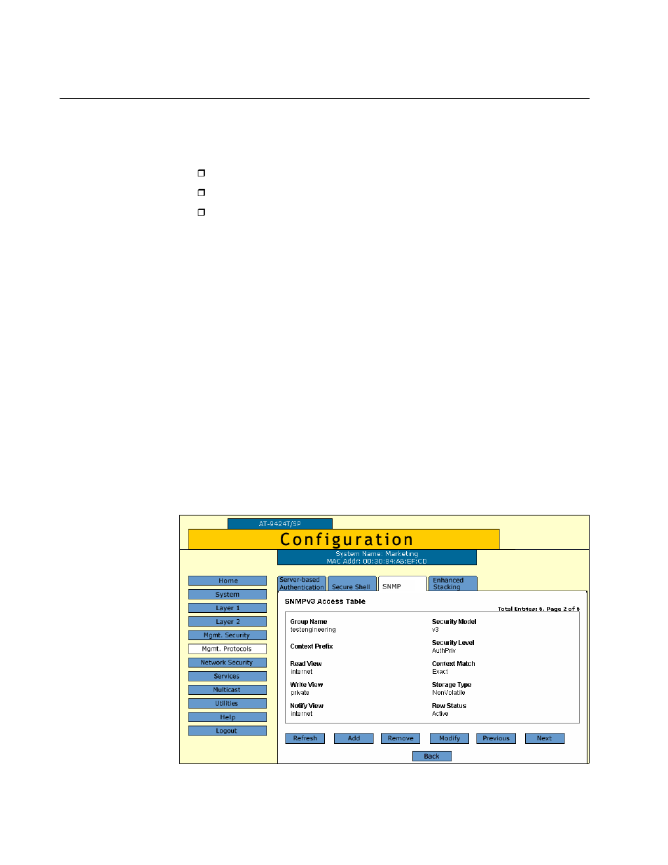 Configuring the snmpv3 access table, Creating an access table, Figure 82: snmpv3 access table tab (configuration) | Allied Telesis AT-S63 User Manual | Page 220 / 412