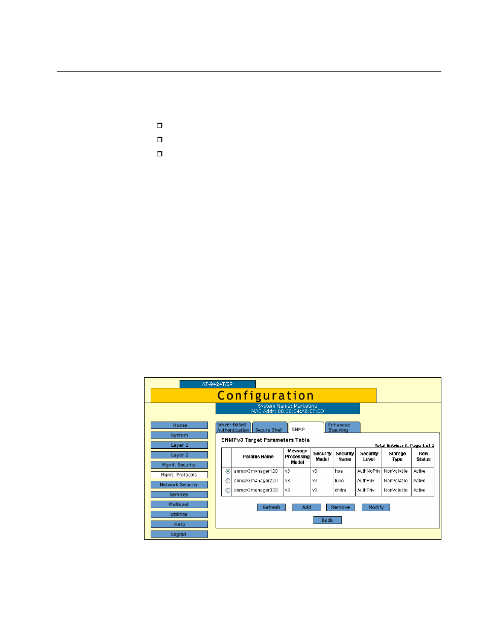 Configuring the snmpv3 target parameters table, Creating a target parameters table entry | Allied Telesis AT-S63 User Manual | Page 245 / 412