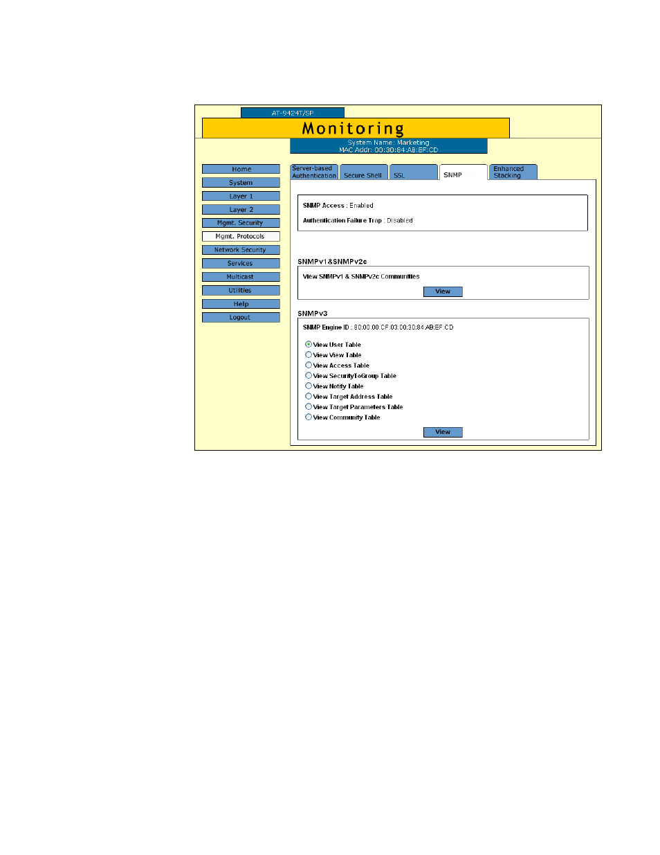 Figure 100: snmp tab (monitoring) | Allied Telesis AT-S63 User Manual | Page 259 / 412