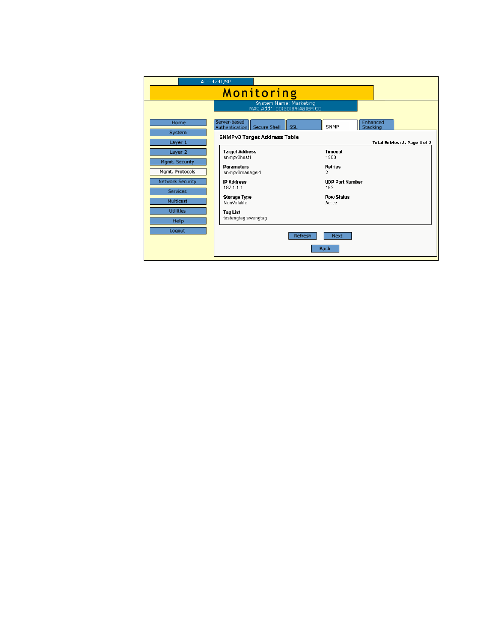 Displaying target parameters table entries | Allied Telesis AT-S63 User Manual | Page 265 / 412