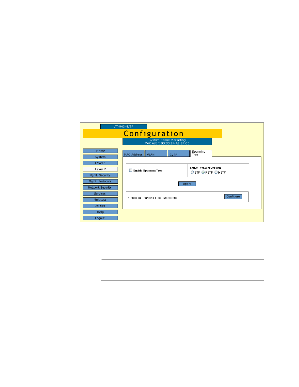Enabling or disabling a spanning tree protocol, Figure 109: spanning tree tab (configuration) | Allied Telesis AT-S63 User Manual | Page 272 / 412