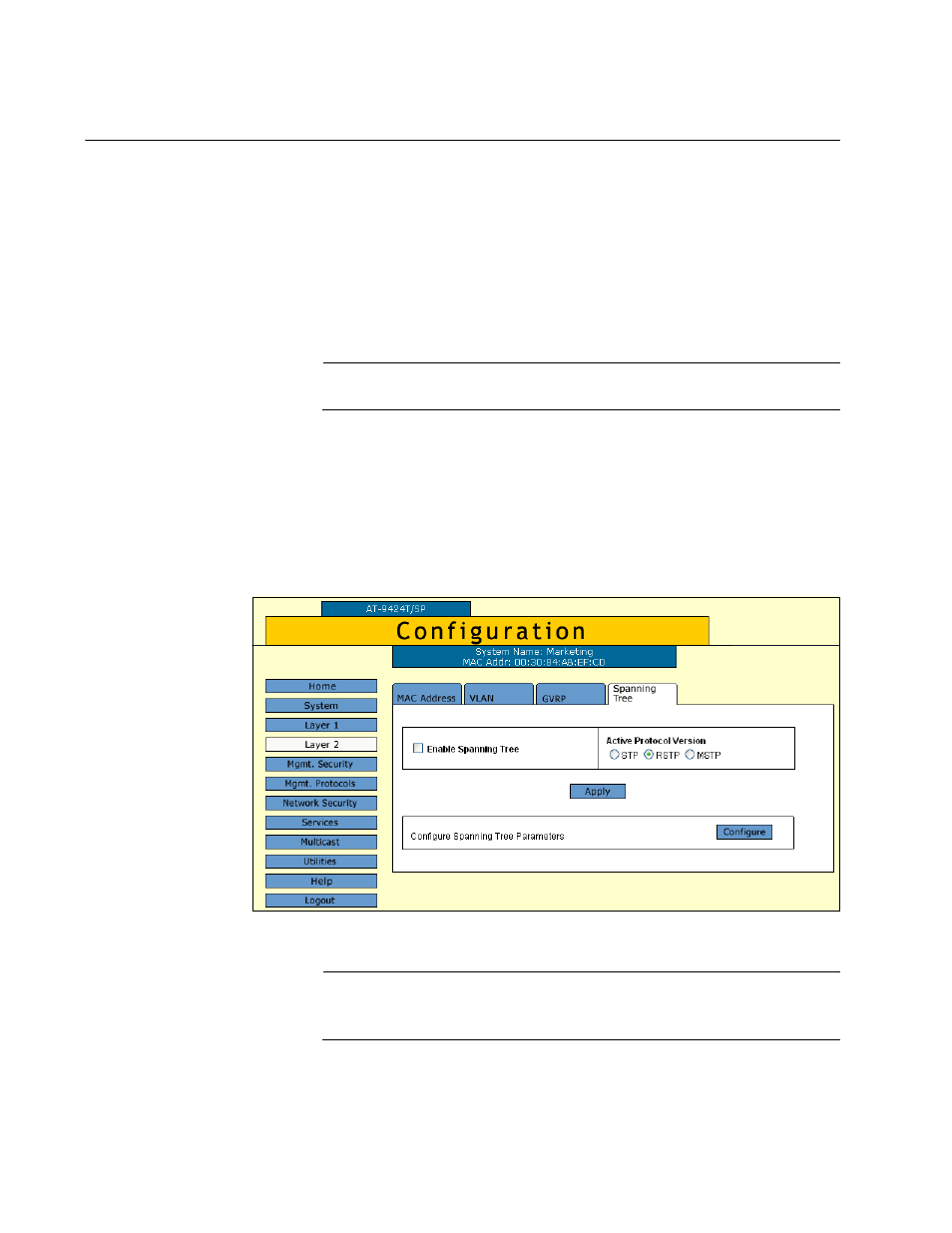 Enabling mstp, Figure 120: spanning tree tab (configuration) | Allied Telesis AT-S63 User Manual | Page 292 / 412