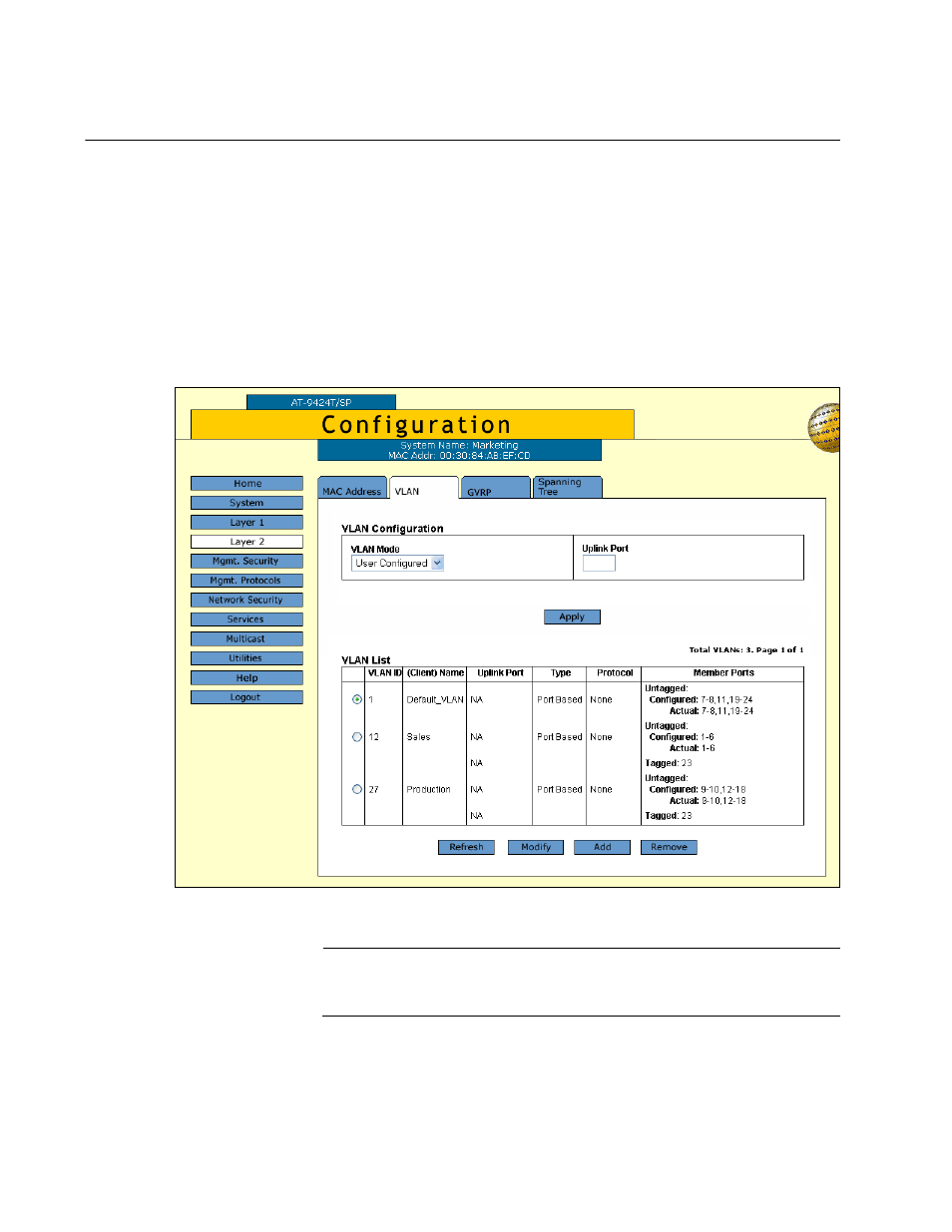 Creating a new port-based or tagged vlan, Figure 128: vlan tab (configuration) | Allied Telesis AT-S63 User Manual | Page 316 / 412