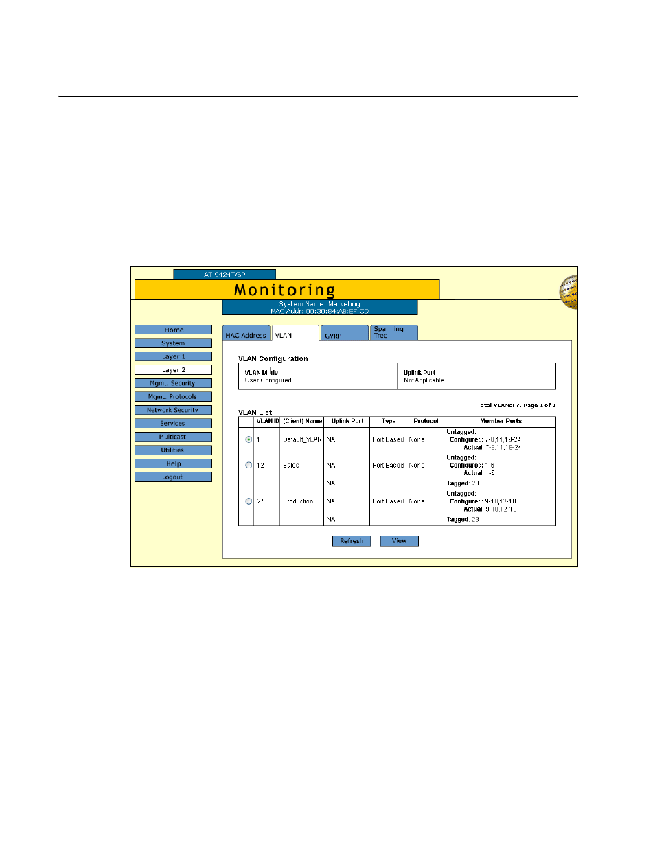 Displaying vlans, Figure 130: vlan tab (monitoring) | Allied Telesis AT-S63 User Manual | Page 326 / 412