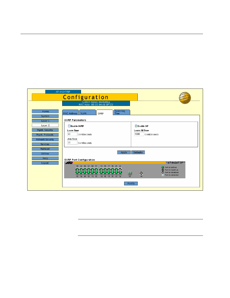 Configuring gvrp, Figure 132: gvrp tab (configuration) | Allied Telesis AT-S63 User Manual | Page 332 / 412