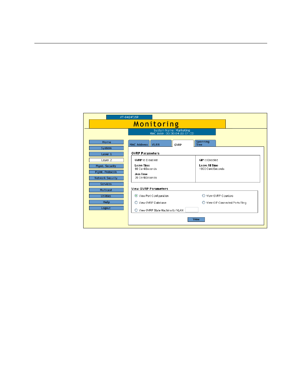 Displaying the gvrp configuration, Figure 134: gvrp tab (monitoring) | Allied Telesis AT-S63 User Manual | Page 335 / 412