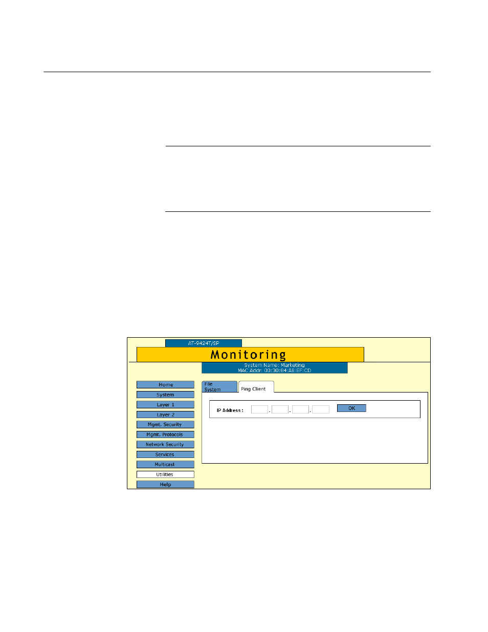 Pinging a remote system, Figure 3: ping client tab (monitoring) | Allied Telesis AT-S63 User Manual | Page 34 / 412
