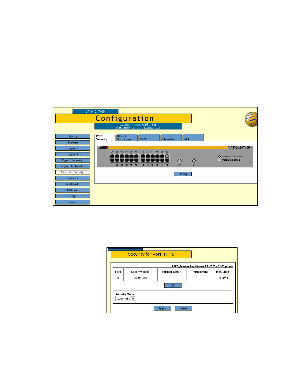 Configuring port security | Allied Telesis AT-S63 User Manual | Page 348 / 412