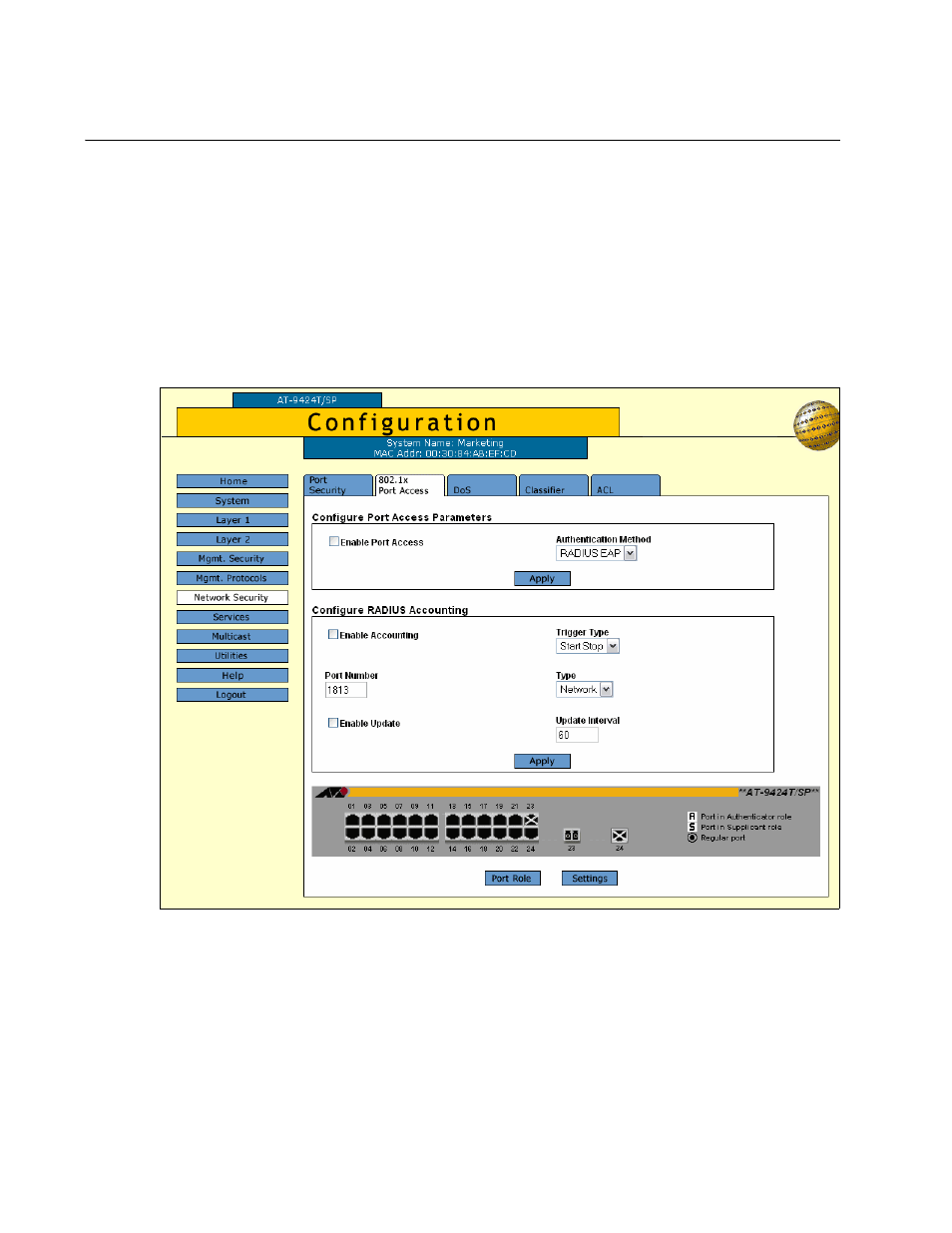 Setting port roles, Figure 144: 802.1x port access tab (configuration) | Allied Telesis AT-S63 User Manual | Page 354 / 412