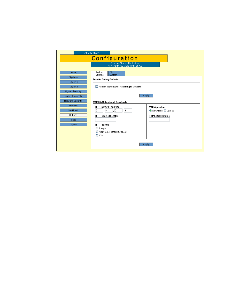 Figure 4: system utilities tab (configuration) | Allied Telesis AT-S63 User Manual | Page 36 / 412