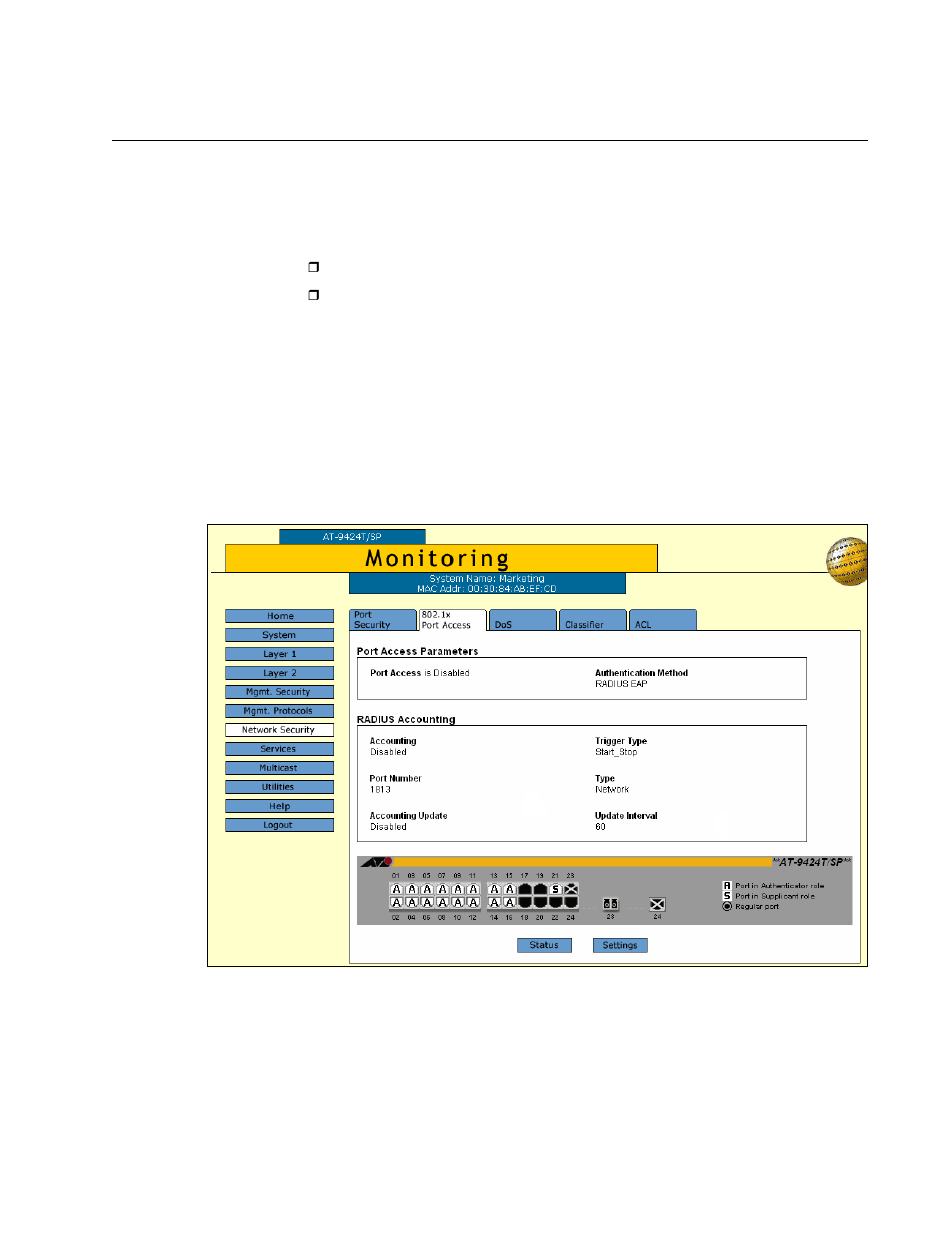 Displaying the port status, Figure 148: 802.1x port access tab (monitoring) | Allied Telesis AT-S63 User Manual | Page 365 / 412