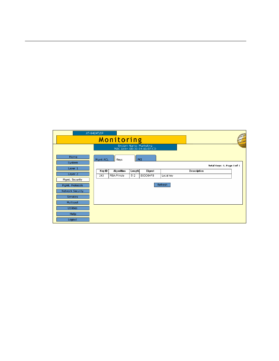 Displaying the encryption keys, Figure 152: keys tab (monitoring) | Allied Telesis AT-S63 User Manual | Page 374 / 412