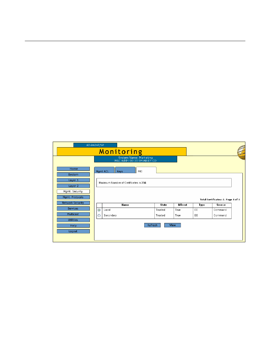 Displaying the pki settings and certificates, Figure 153: pki tab (monitoring) | Allied Telesis AT-S63 User Manual | Page 376 / 412