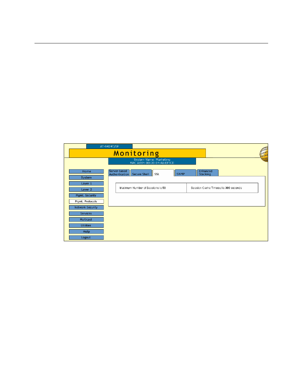 Displaying the ssl settings, Figure 155: ssl tab (monitoring) | Allied Telesis AT-S63 User Manual | Page 379 / 412