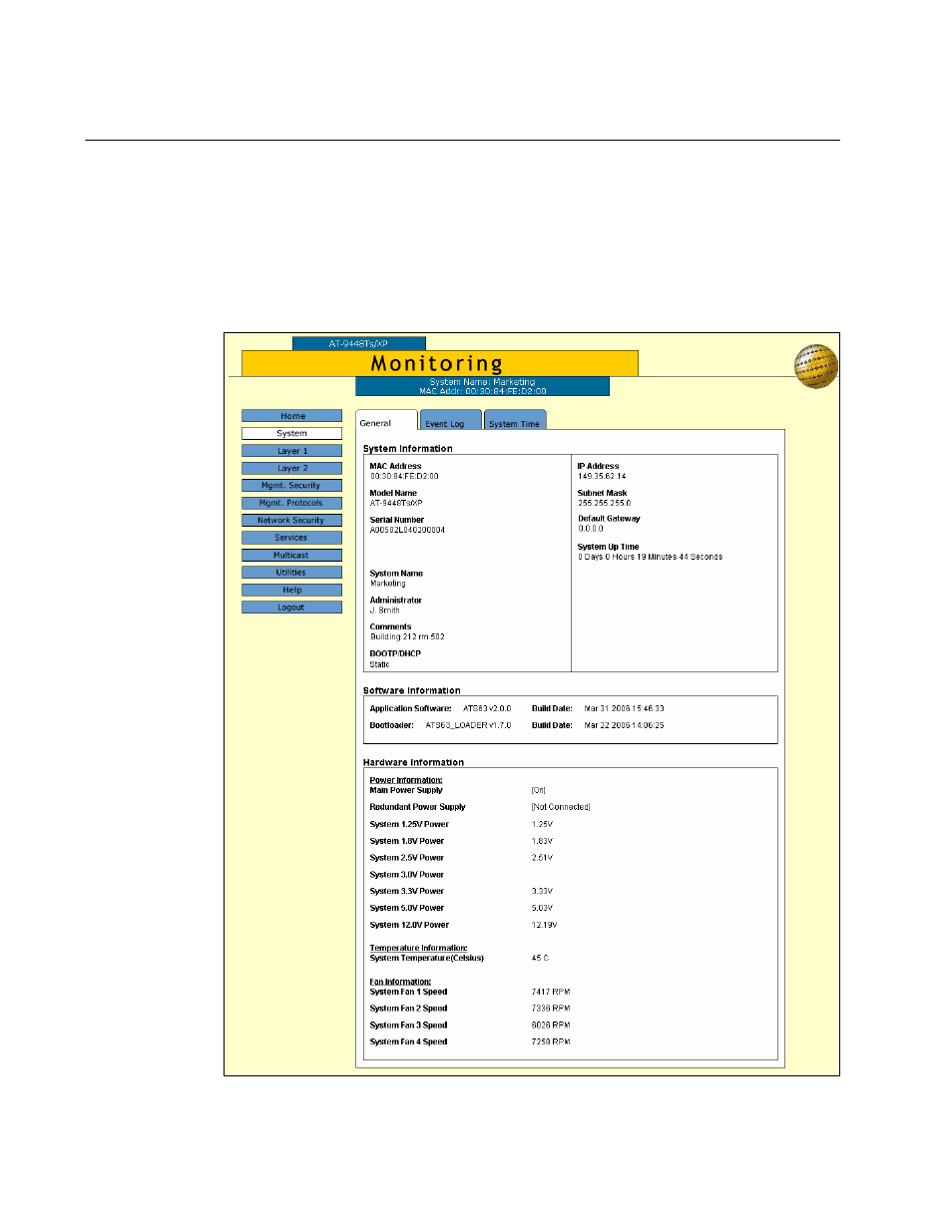 Displaying system information, Figure 5: general tab (monitoring) | Allied Telesis AT-S63 User Manual | Page 38 / 412