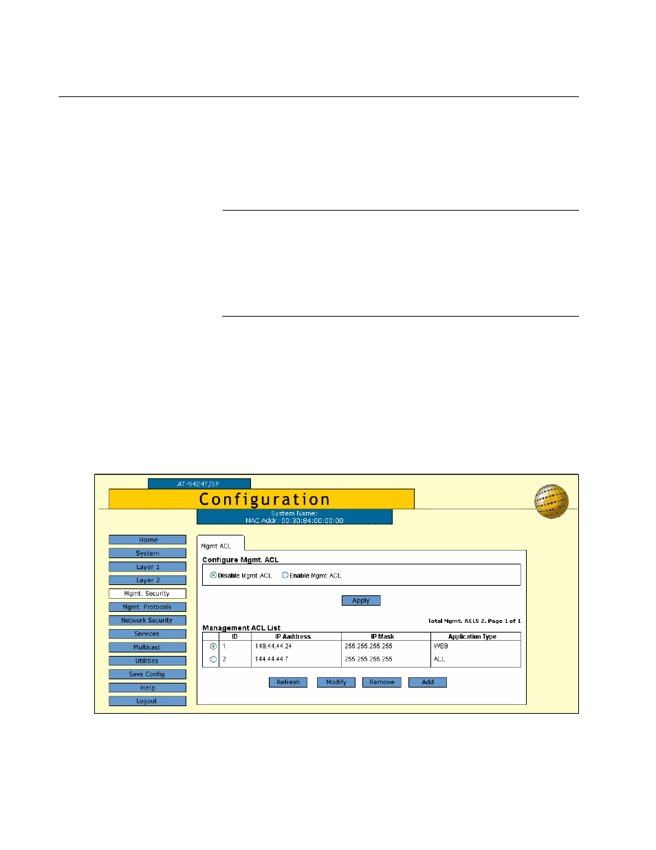 Enabling or disabling the management acl, Figure 164: mgmt. acl tab (configuration) | Allied Telesis AT-S63 User Manual | Page 400 / 412