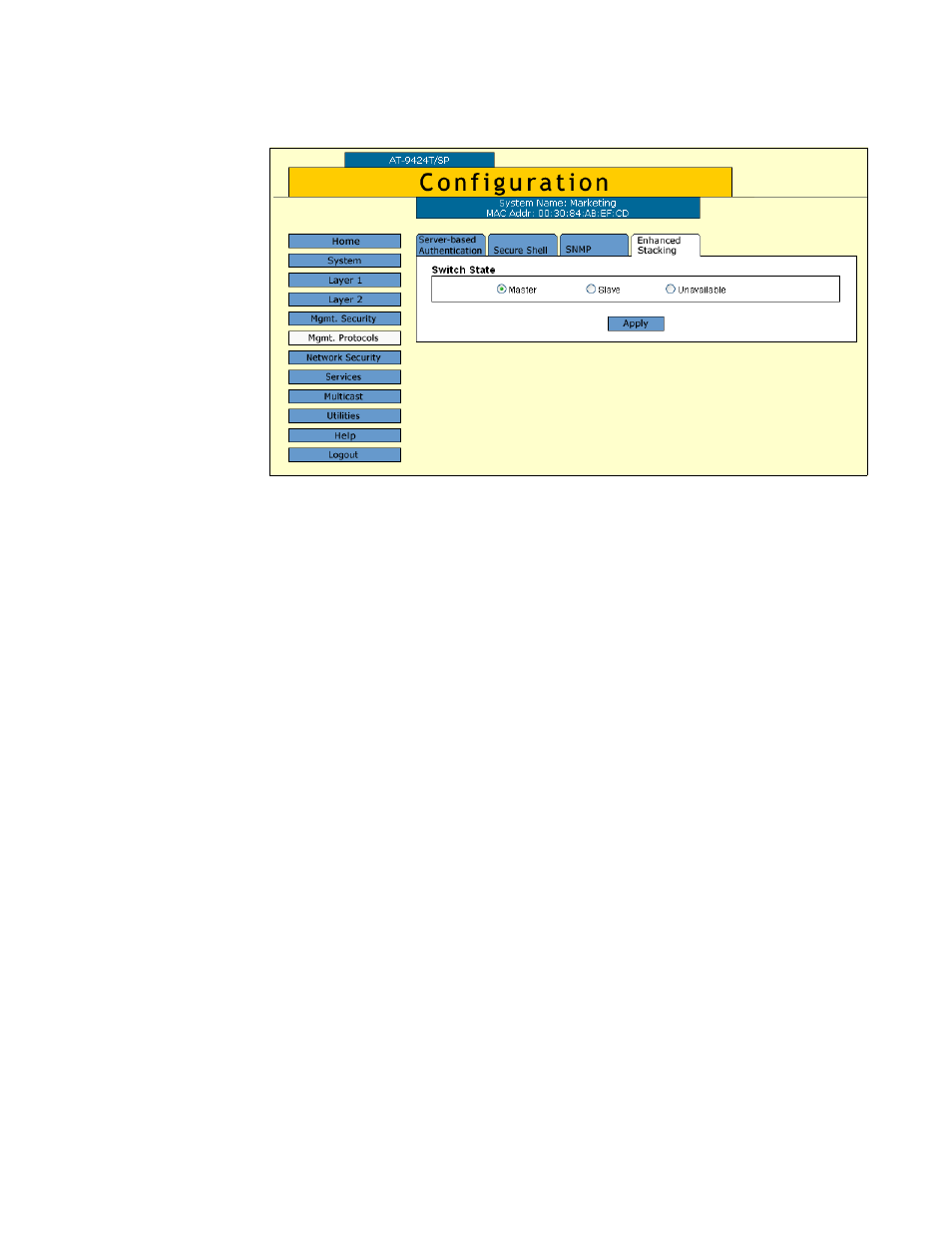 Figure 11: enhanced stacking tab (configuration) | Allied Telesis AT-S63 User Manual | Page 57 / 412