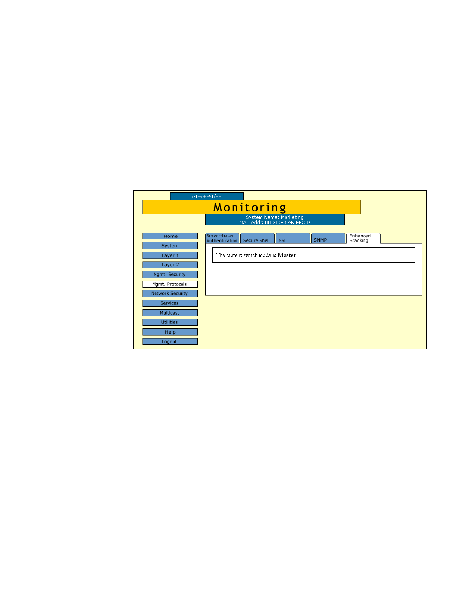 Displaying the enhanced stacking status, Figure 13: enhanced stacking tab (monitoring) | Allied Telesis AT-S63 User Manual | Page 61 / 412
