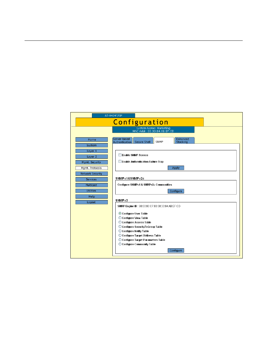 Enabling or disabling snmp management, Figure 14: snmp tab (configuration) | Allied Telesis AT-S63 User Manual | Page 64 / 412