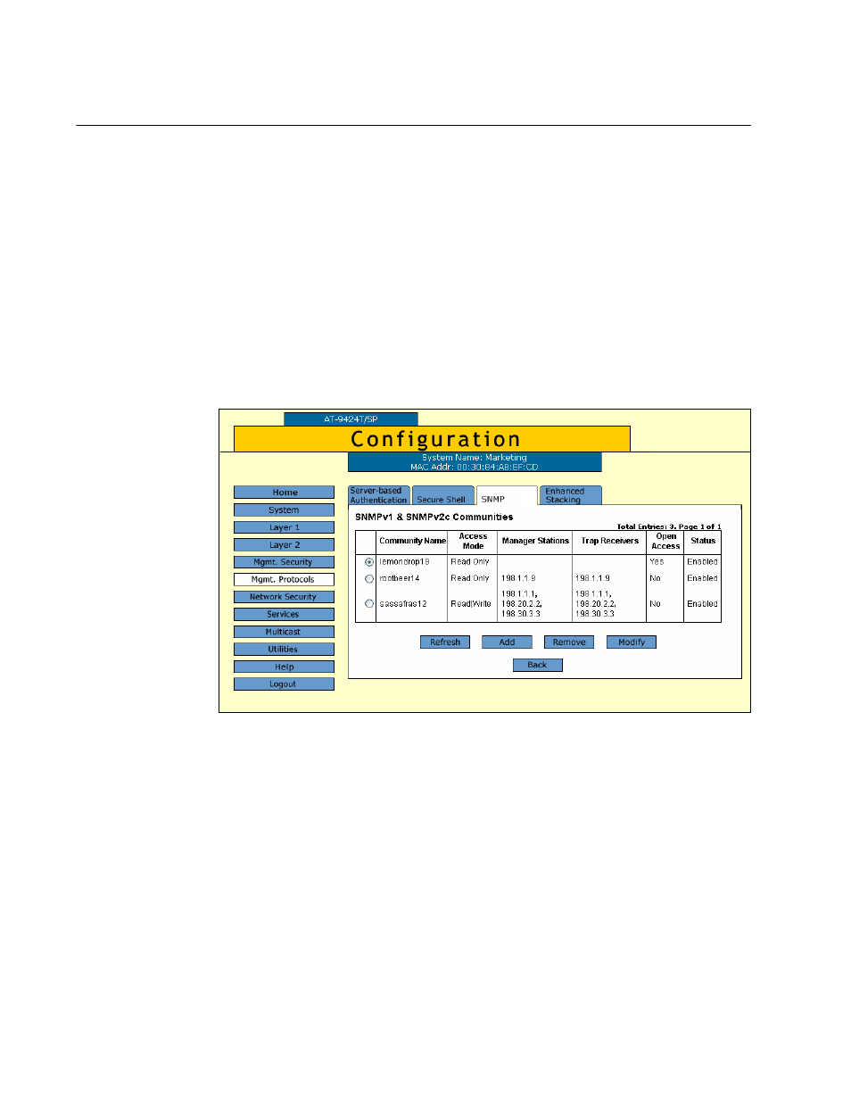Creating a new snmpv1 and snmpv2c community, Figure 15: snmpv1 & snmpv2c communities tab | Allied Telesis AT-S63 User Manual | Page 66 / 412