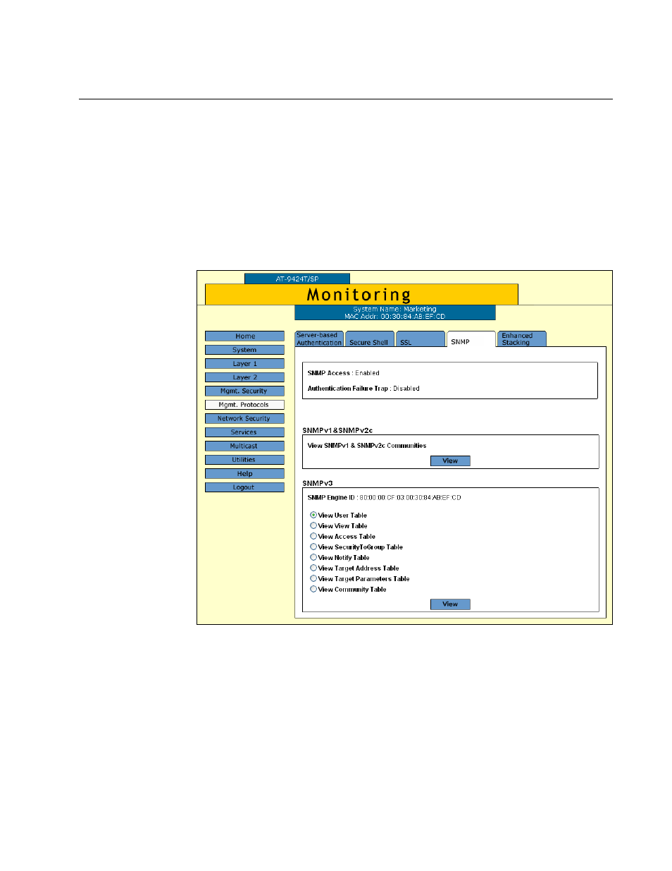 Displaying the snmpv1 and snmpv2c communities, Figure 17: snmp tab (monitoring) | Allied Telesis AT-S63 User Manual | Page 71 / 412