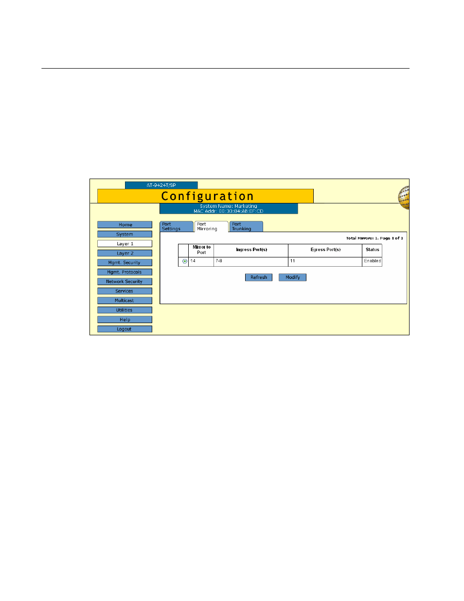 Creating a port mirror, Figure 26: port mirroring tab (configuration) | Allied Telesis AT-S63 User Manual | Page 94 / 412