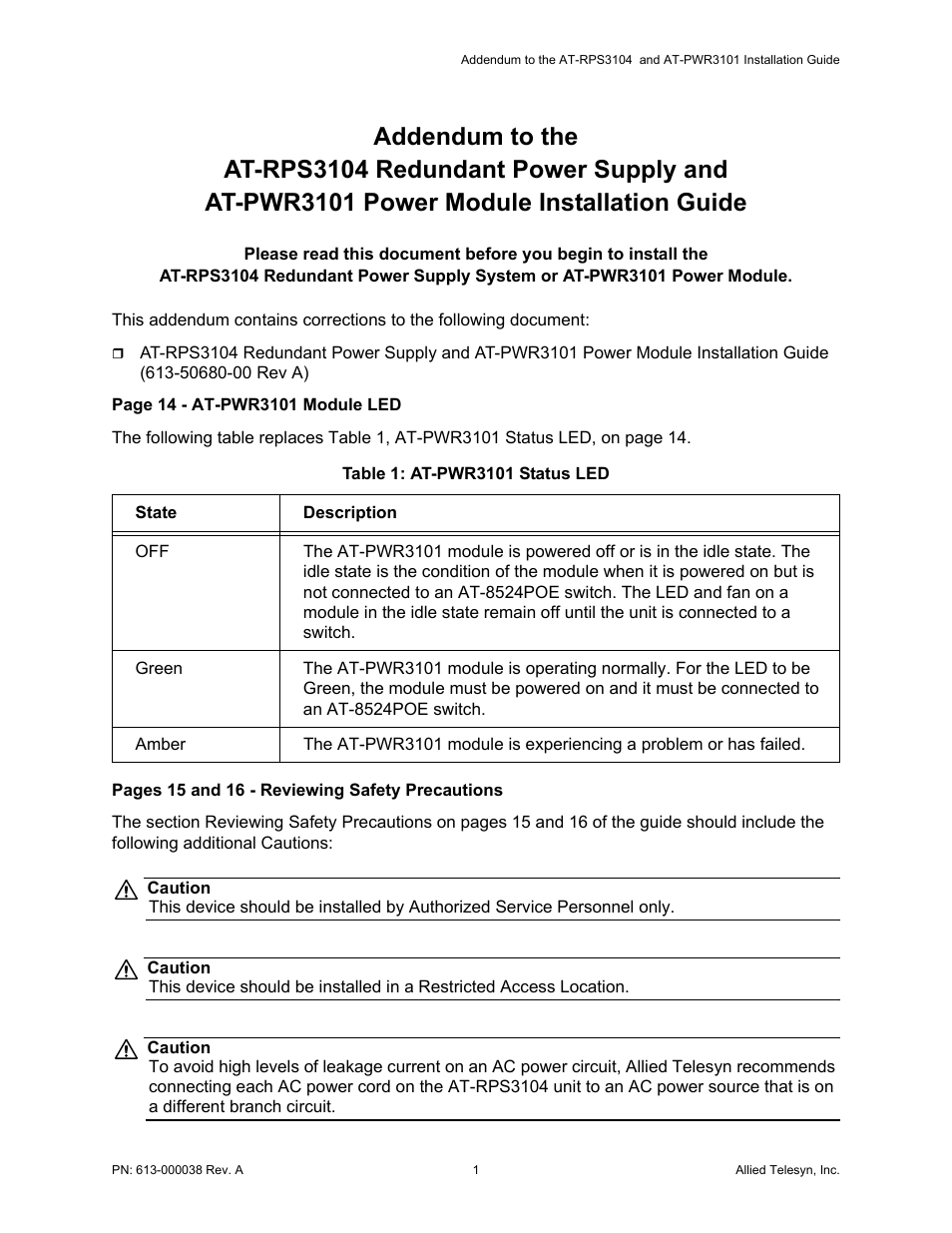 Allied Telesis AT-PWR3101 User Manual | 2 pages