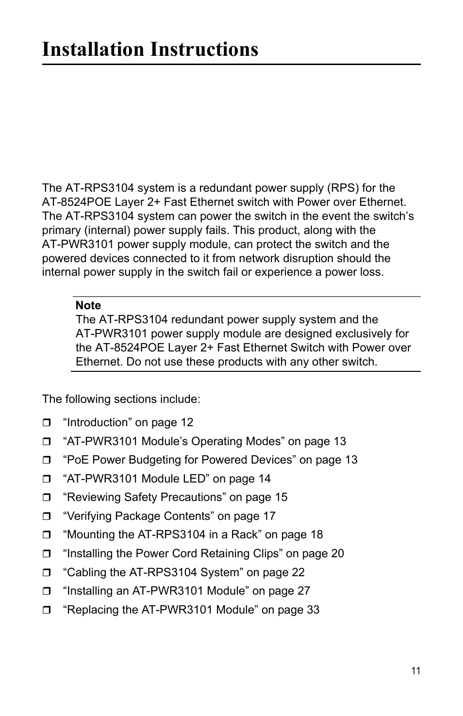 Installation instructions | Allied Telesis AT-PWR3101 User Manual | Page 11 / 60
